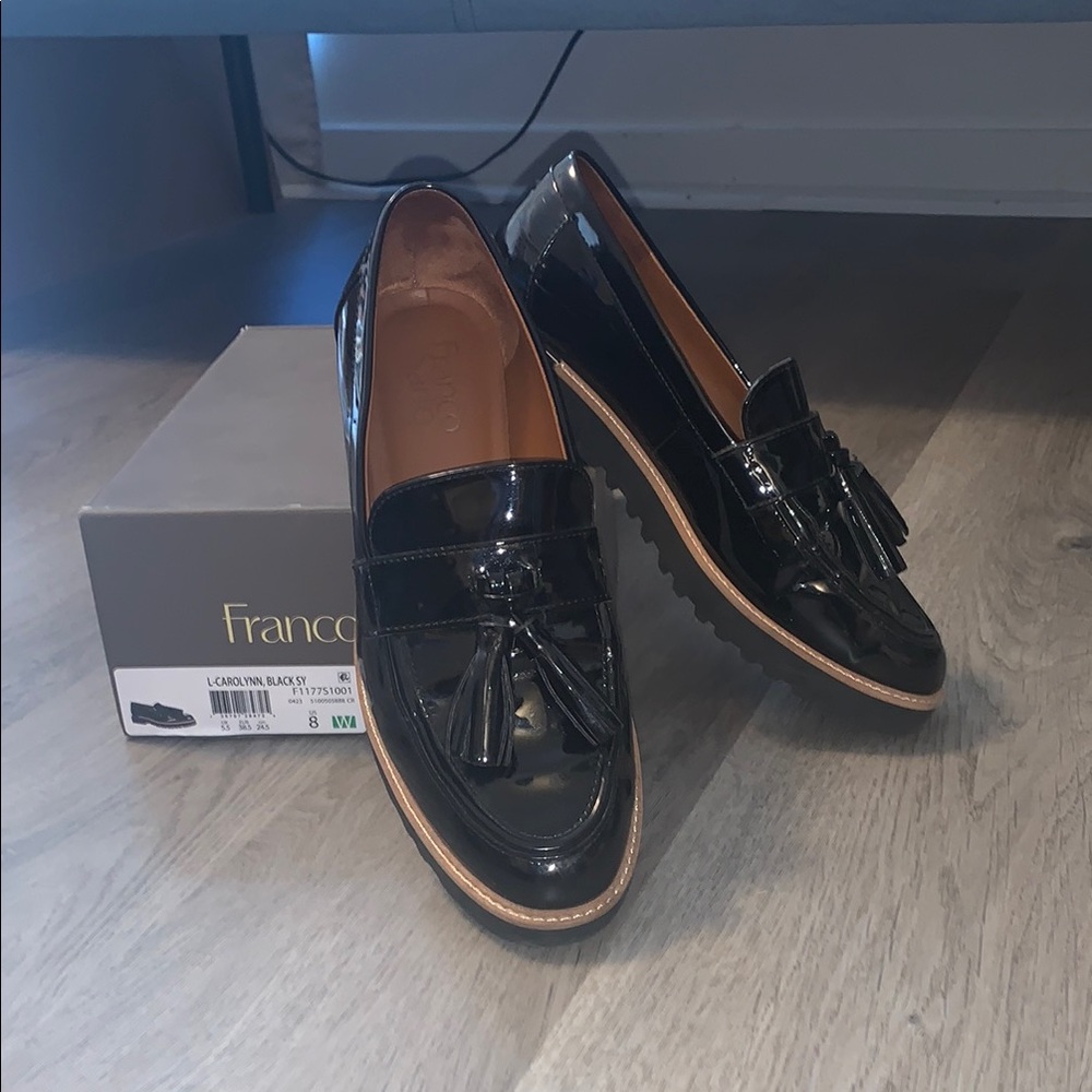 Franco Sarto Carolynn Black Patent Tassel Loafers (8 Wide)